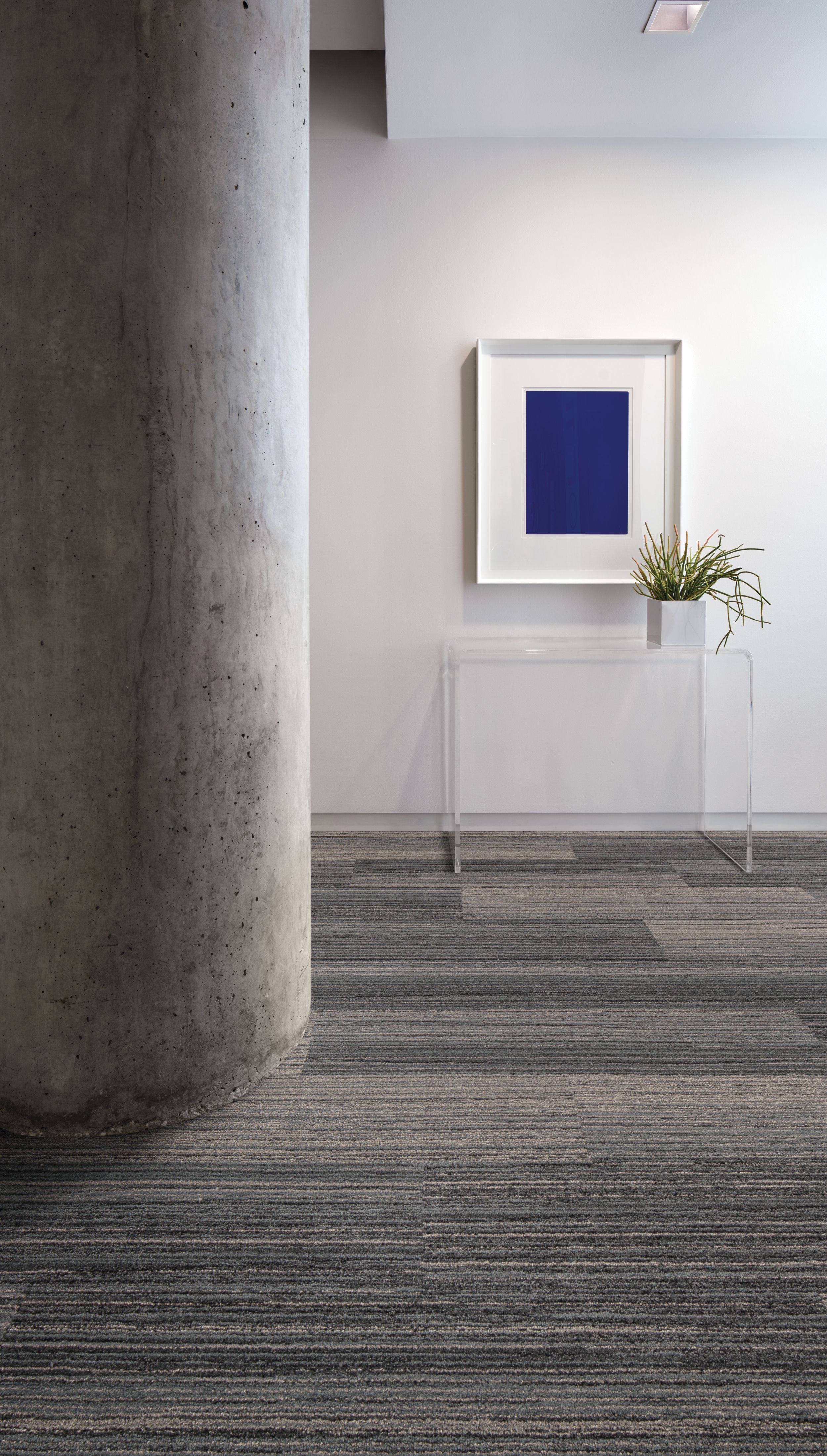 Interface Walk the Plank plank carpet tile in open area with curved concrete wall and artwork over plexiglass table with plant numéro d’image 6